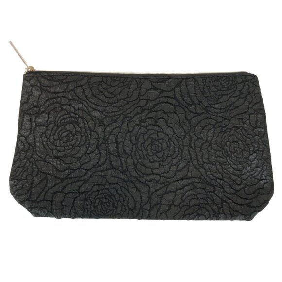 Lancome Paris Textured Rose Pattern Black Makeup Bag Red Satin Lining - Picture 2 of 4